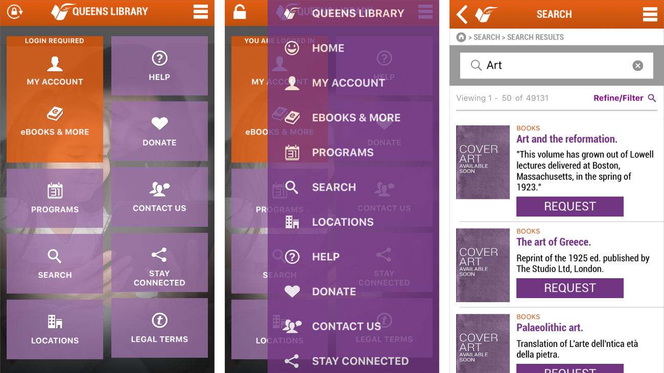 Screenshots of original QPL app: Home Screen, Flyout Menu and Search Result Example.